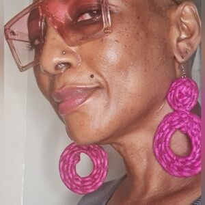 Pink Braided Hoop Raffia Earrings